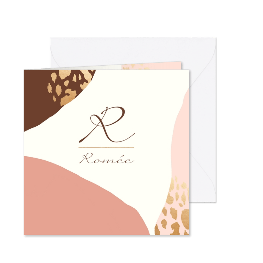 Geboortekaartje kleurvlakken panterprint goudlook - Kaartimpressie