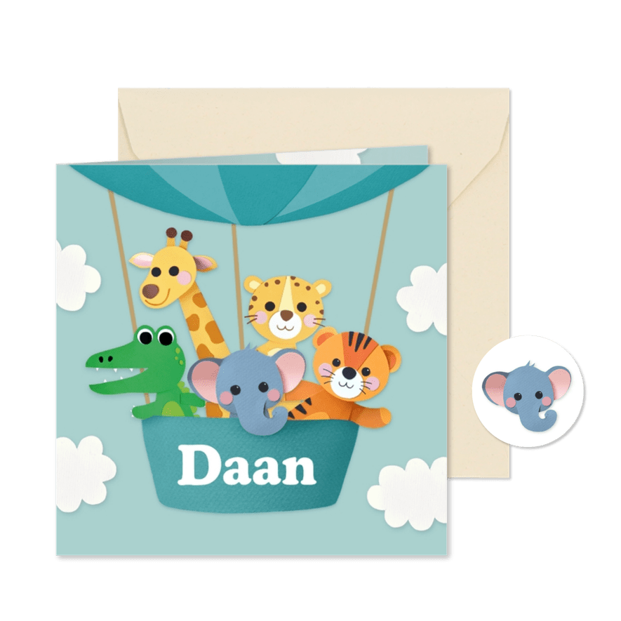 Geboortekaartje knuffel dieren in luchtballon blauw - Kaartimpressie