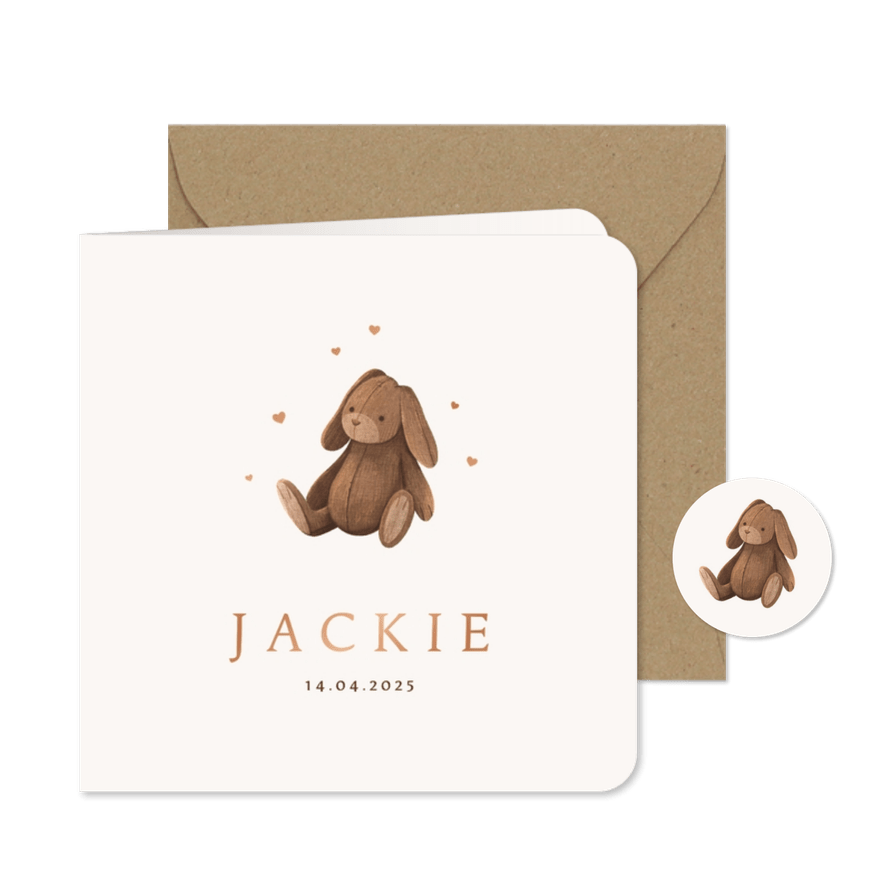 Geboortekaartje knuffelkonijn vintage speelgoed unisex - Kaartimpressie