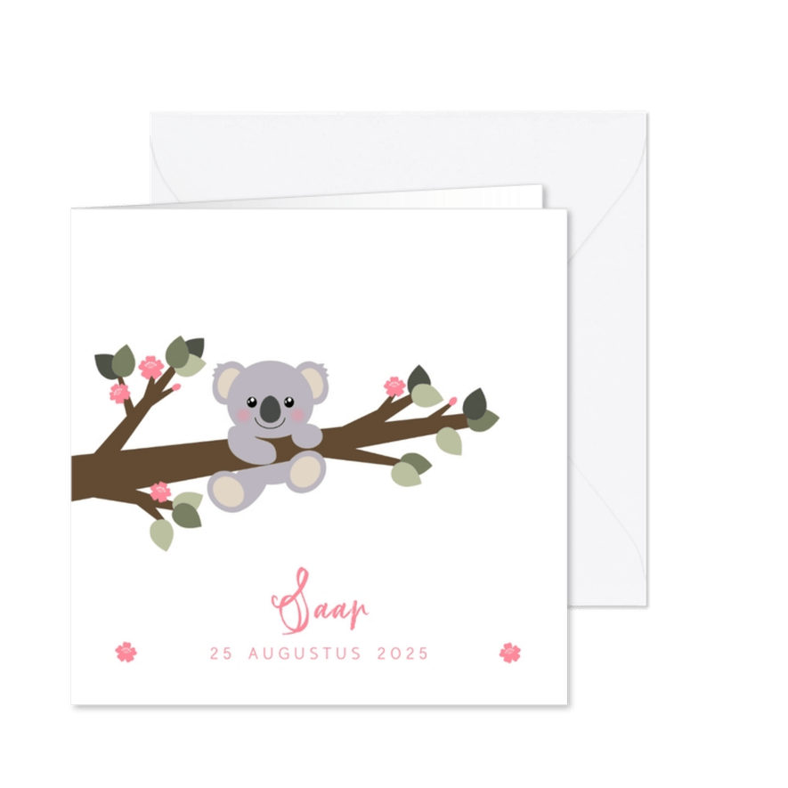 Geboortekaartje koala aan een tak illustratie - Kaartimpressie