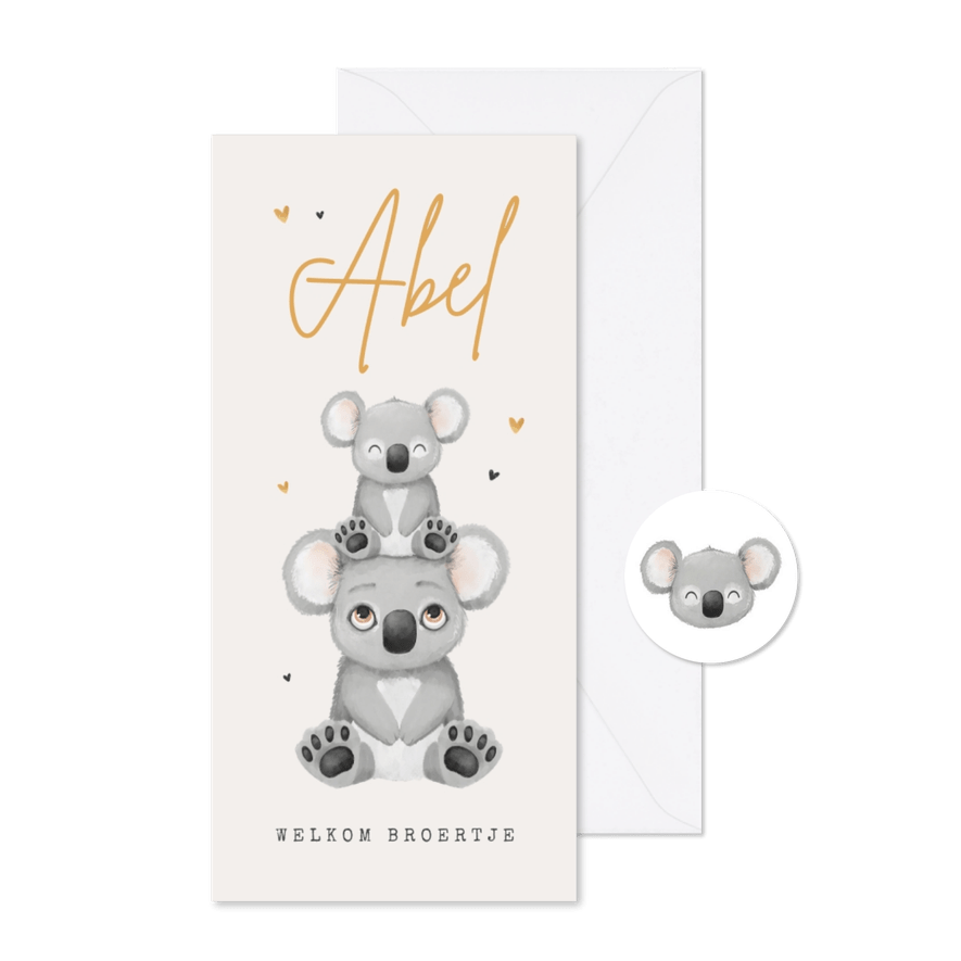 Geboortekaartje koala broertje zusje goud hartjes unisex - Kaartimpressie