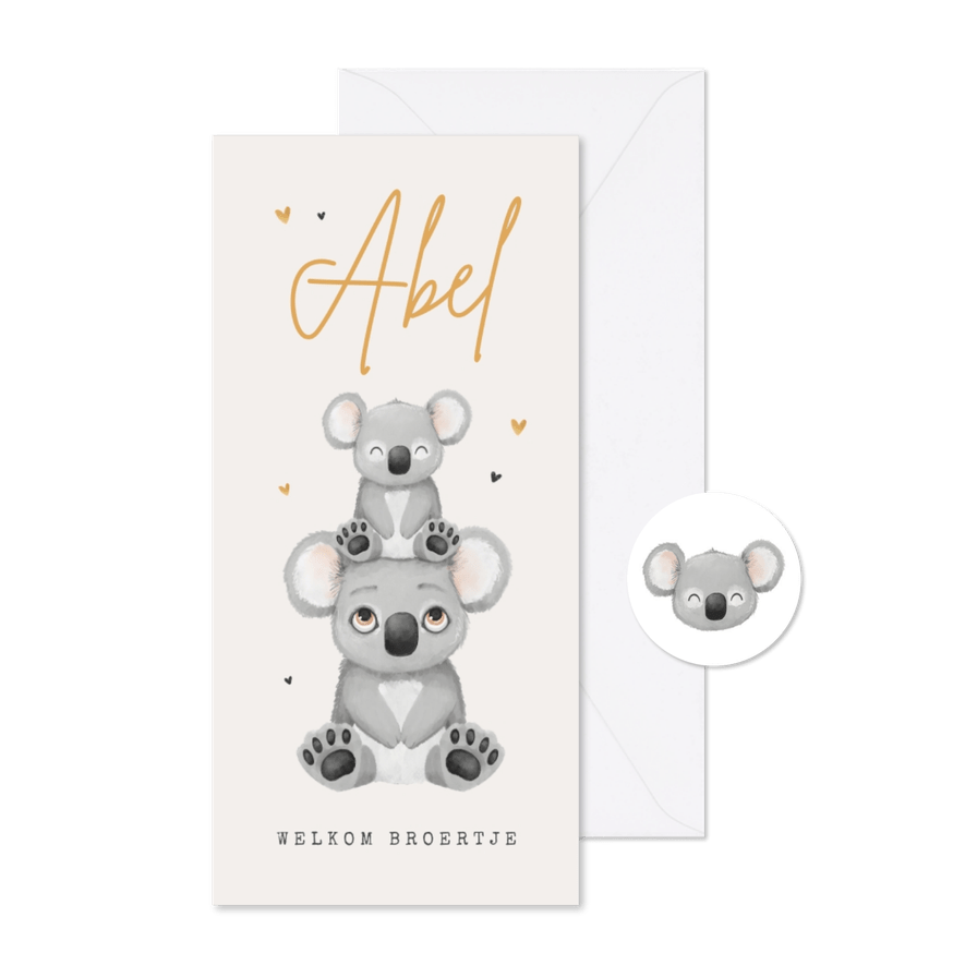 Geboortekaartje koala broertje zusje goud hartjes unisex - Kaartimpressie