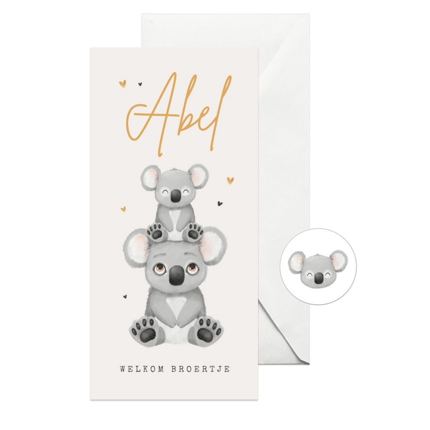 Geboortekaartje koala broertje zusje goud hartjes unisex - Kaartimpressie