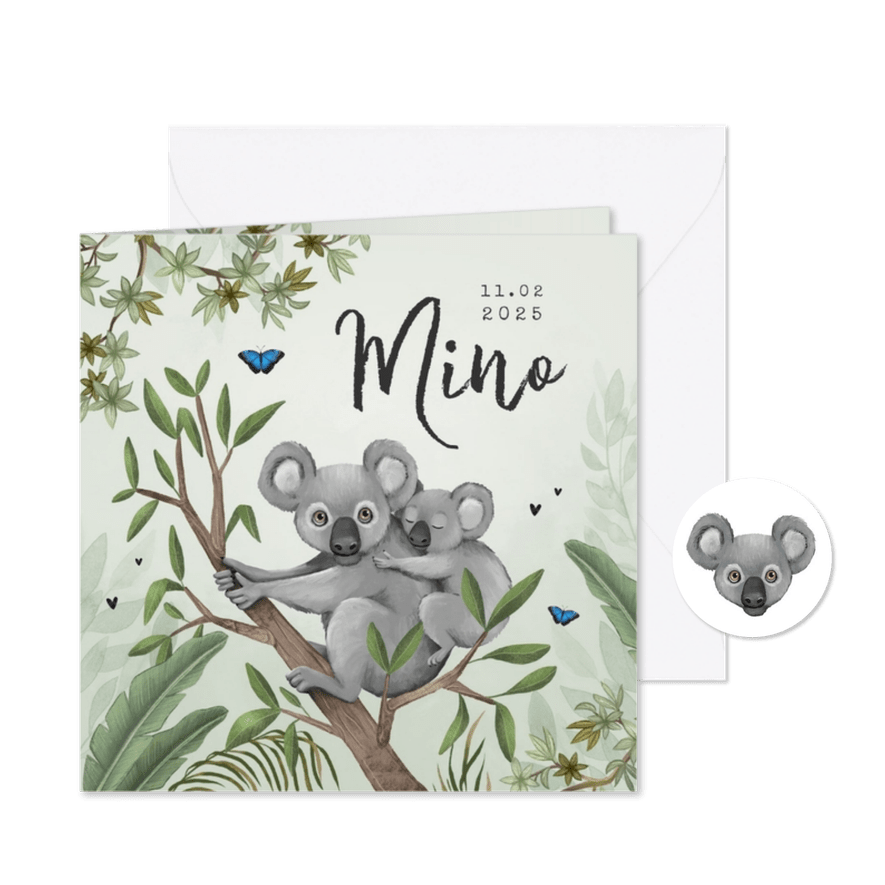 Geboortekaartje koala jungle baby groen vlinders - Kaartimpressie