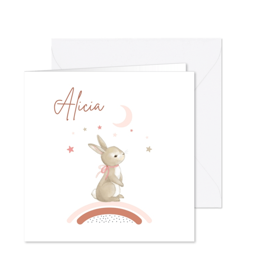 Geboortekaartje - konijn met regenboog meisje - Kaartimpressie
