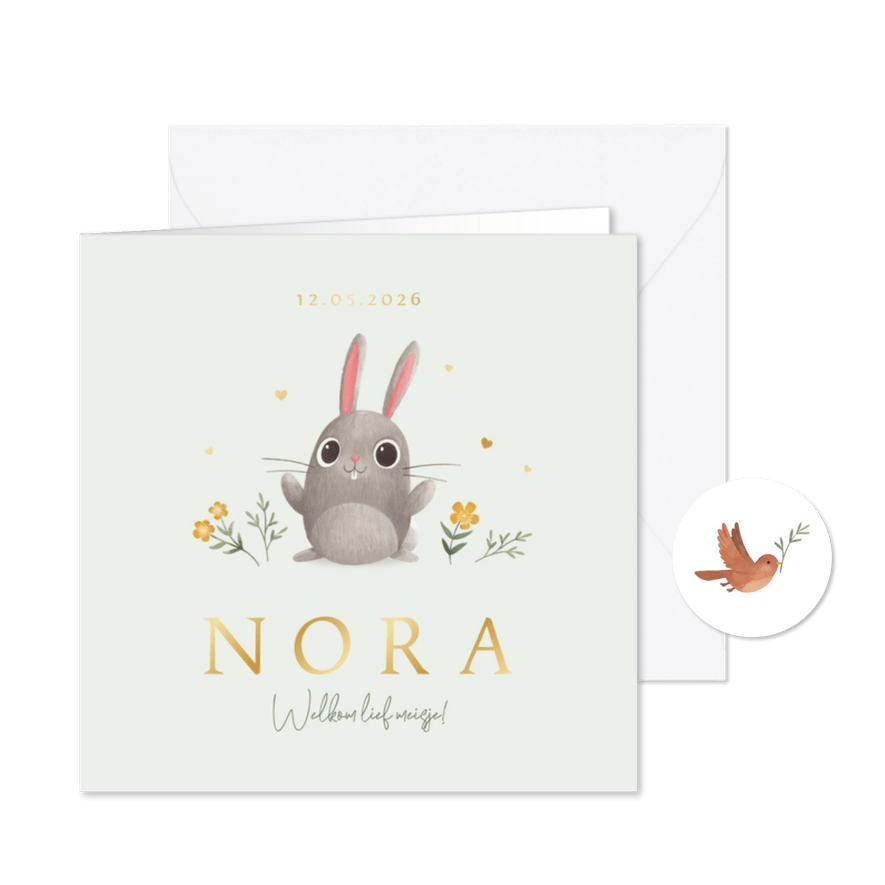 Geboortekaartje konijntje lente bloemen hartjes goud lief - Kaartimpressie