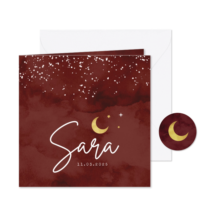 Geboortekaartje koper rood maan sterren  - Kaartimpressie