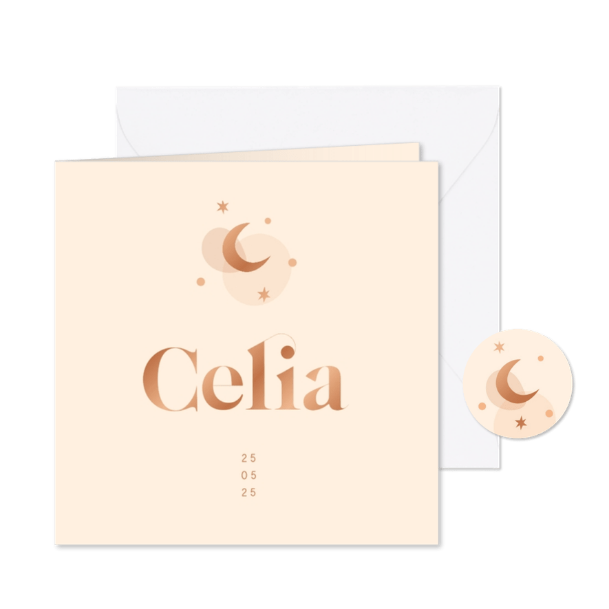 Geboortekaartje koperfolie maantje en sterren - Kaartimpressie
