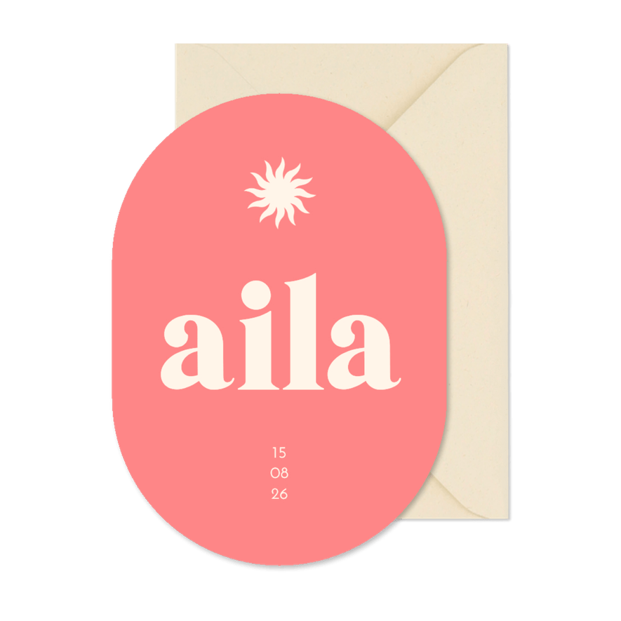 Geboortekaartje koraal met zon in ovalen vorm - Kaartimpressie