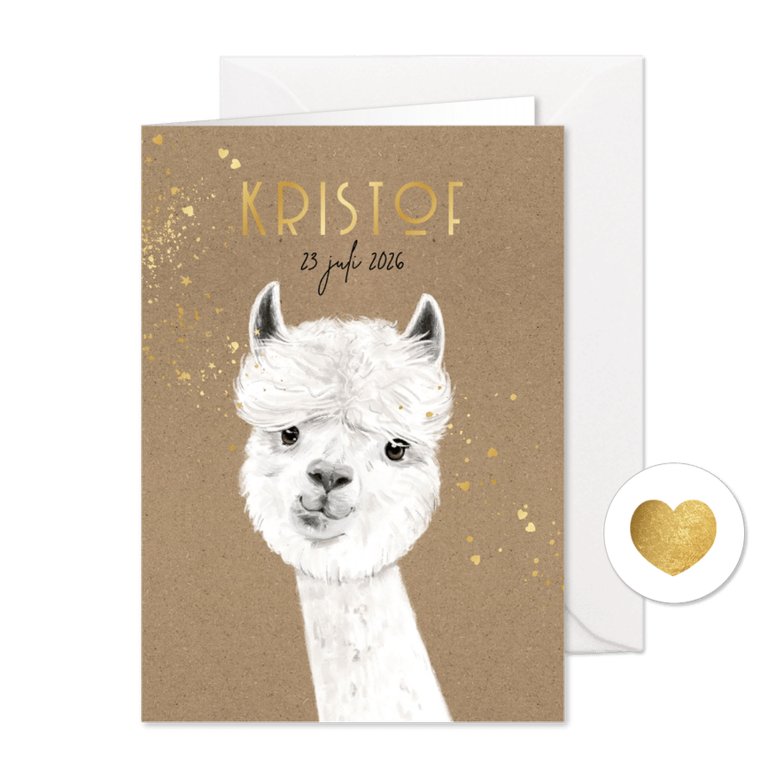 Geboortekaartje kraft alpaca illustratie goudfolie - Kaartimpressie