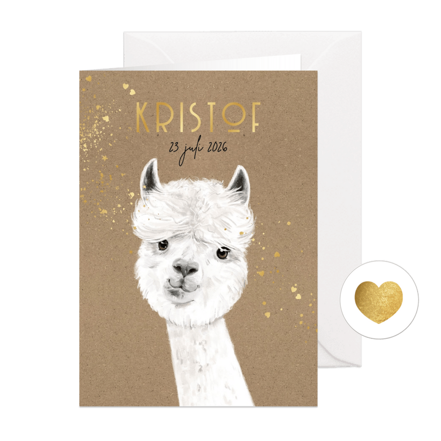 Geboortekaartje kraft alpaca illustratie goudfolie - Kaartimpressie