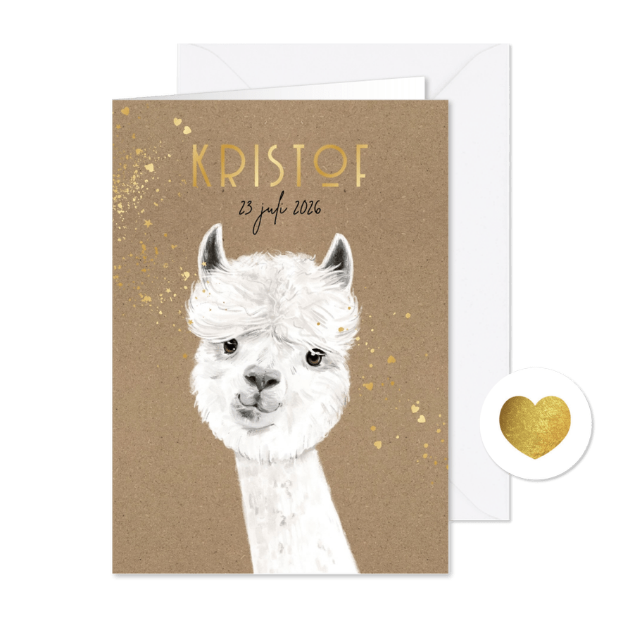 Geboortekaartje kraft alpaca illustratie goudfolie - Kaartimpressie