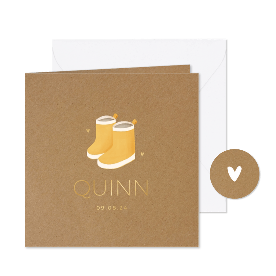 Geboortekaartje kraftlook met gele laarsjes - Kaartimpressie