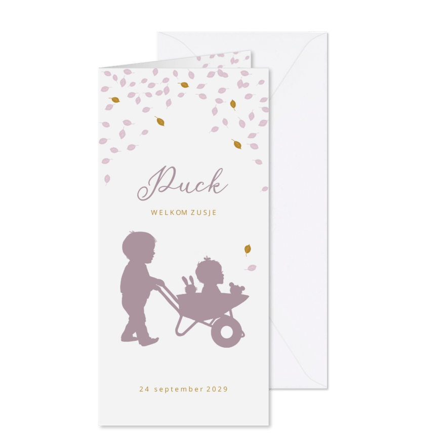 Geboortekaartje kruiwagen met baby zusje - Kaartimpressie