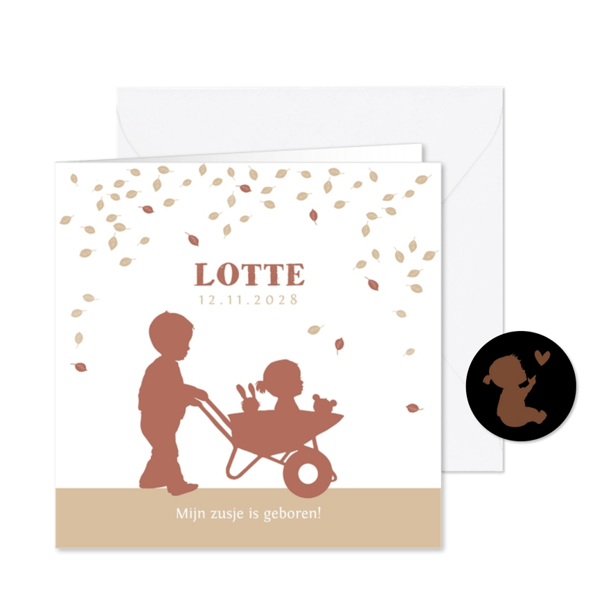 Geboortekaartje kruiwagen met zusje in kraftkleur - Kaartimpressie