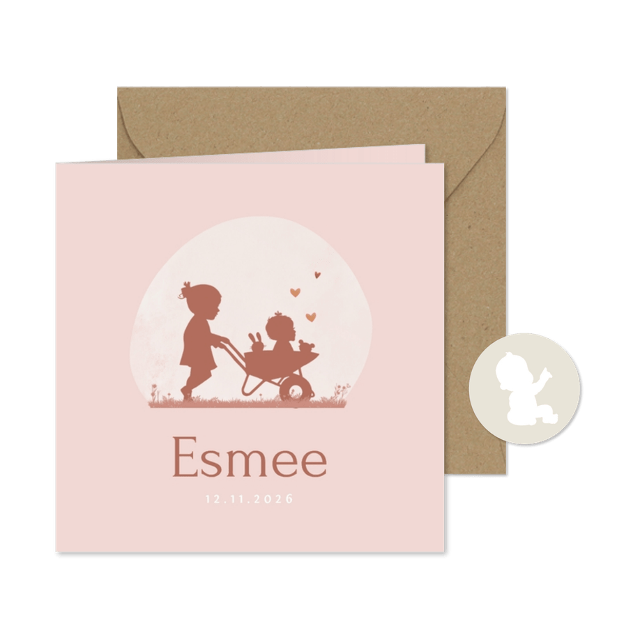 Geboortekaartje kruiwagen met zusjes in kraftkleur - Kaartimpressie