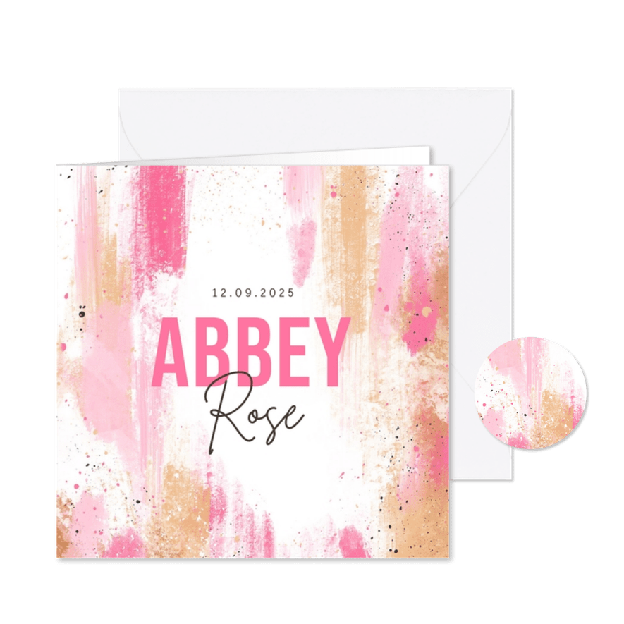 Geboortekaartje kunstzinnig roze verf abstract - Kaartimpressie