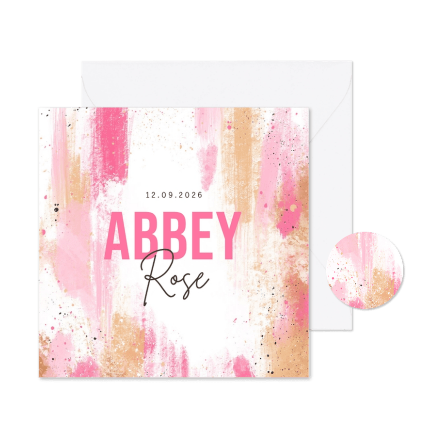 Geboortekaartje kunstzinnig roze verf abstract - Kaartimpressie