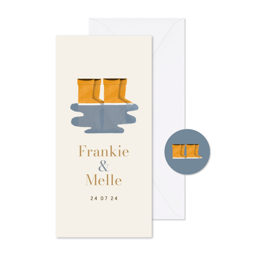 Geboortekaartje laarsjes in regenplas tweeling - Kaartimpressie