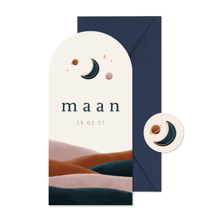Geboortekaartje landschap maan en planeetjes boog vorm - Kaartimpressie