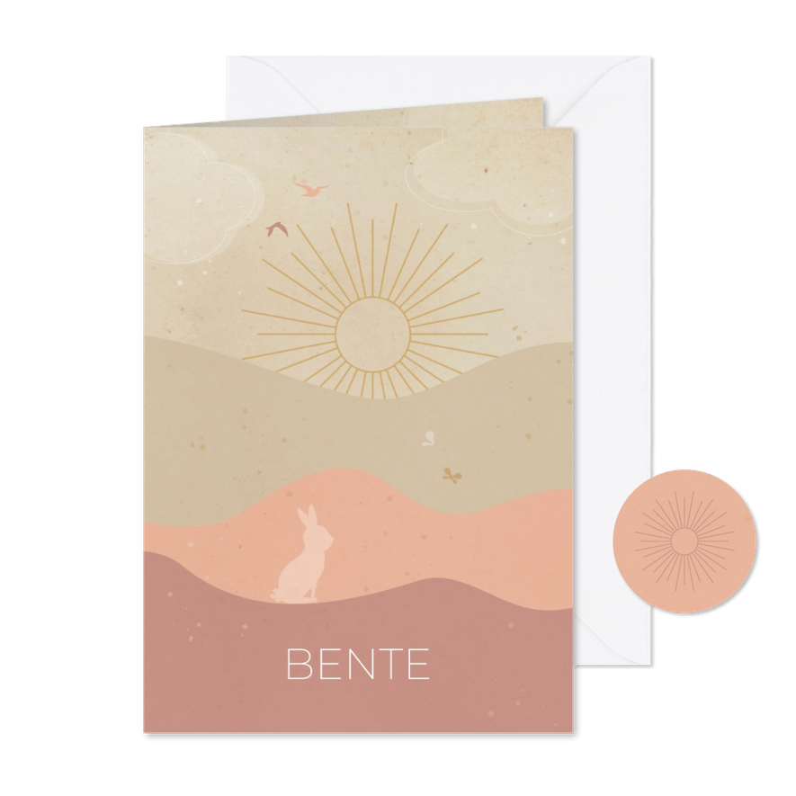 Geboortekaartje landschap met zon en konijntje roze - Kaartimpressie
