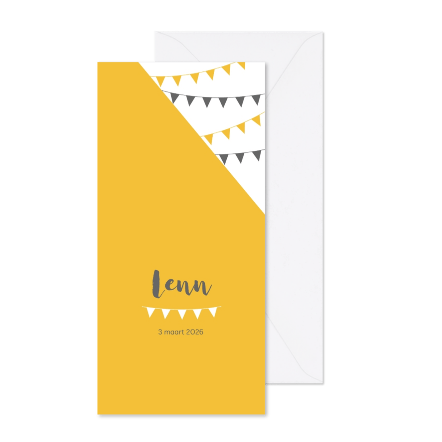 Geboortekaartje langwerpig geel slinger - Kaartimpressie