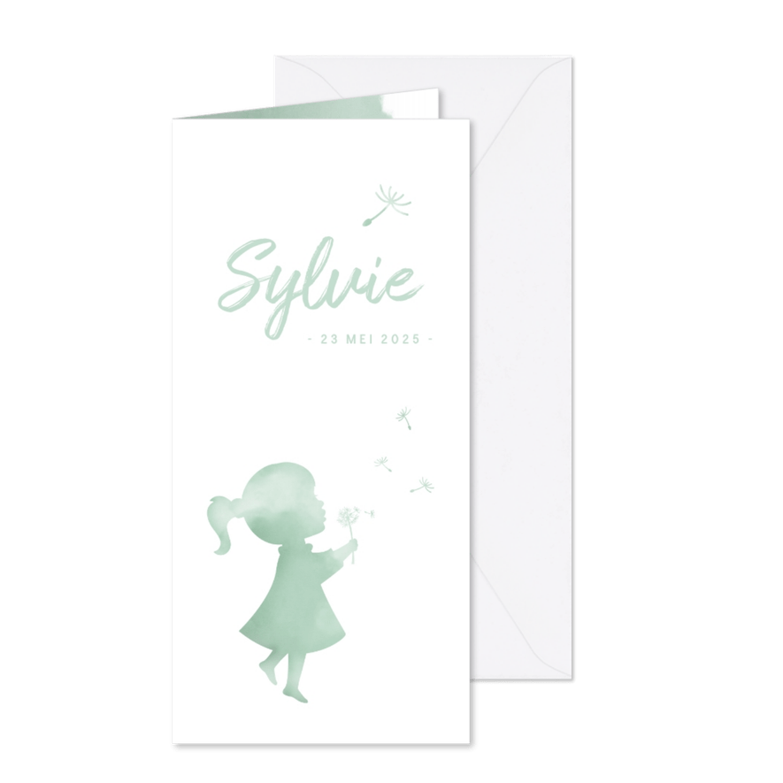 Geboortekaartje langwerpig met silhouet paardenbloem - Kaartimpressie