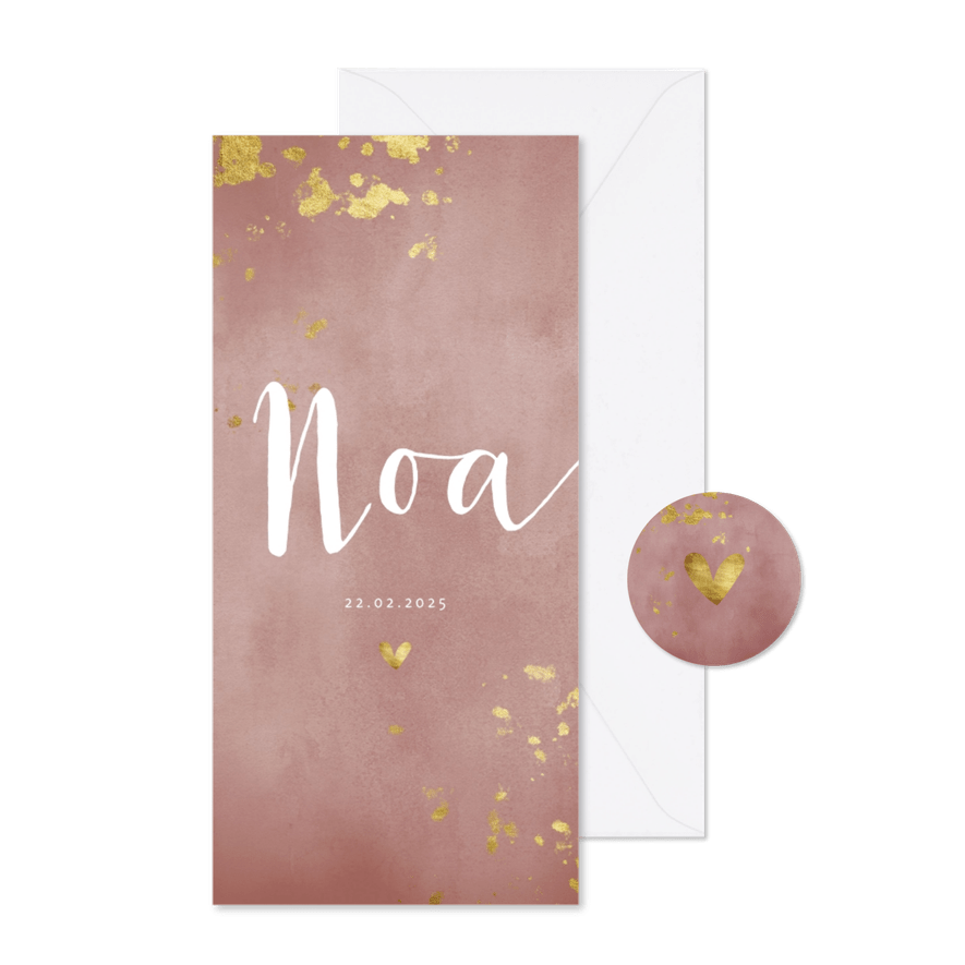 Geboortekaartje langwerpig oudroze waterverf met goud - Kaartimpressie