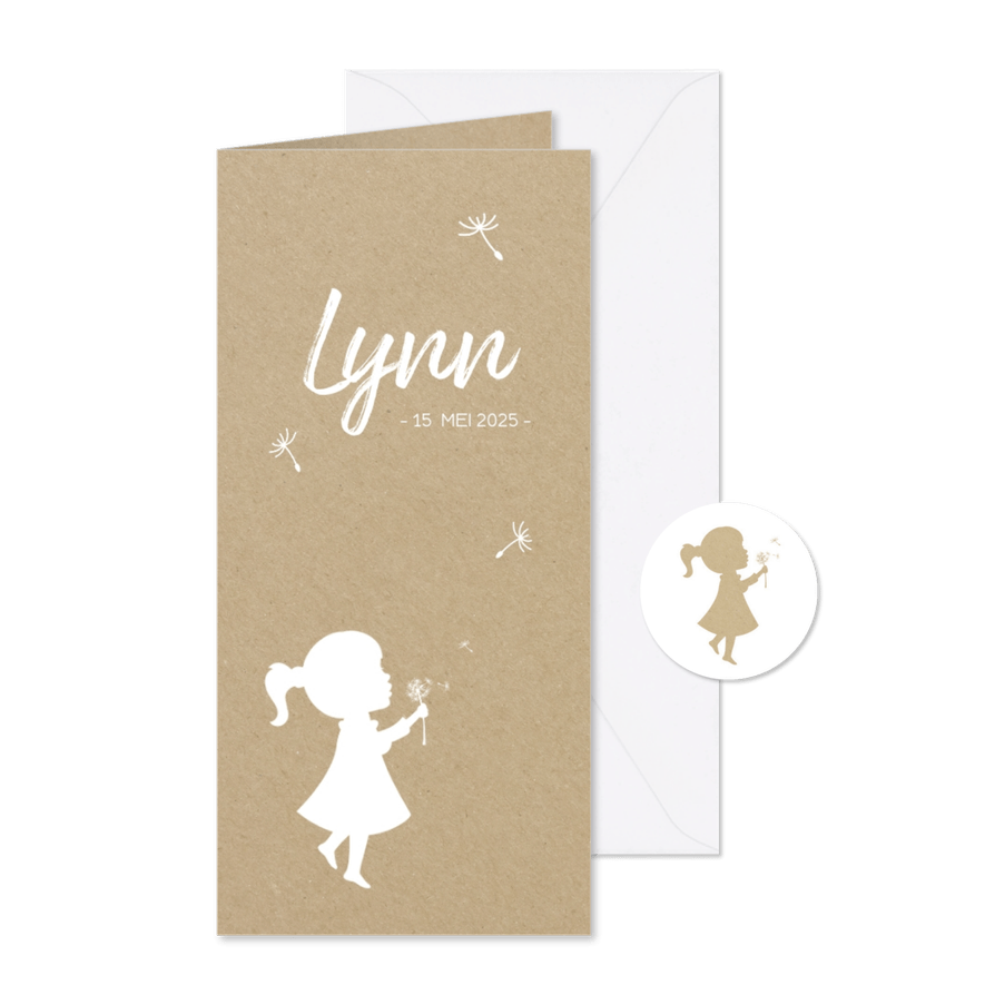 Geboortekaartje langwerpig silhouet meisje met paardebloem - Kaartimpressie