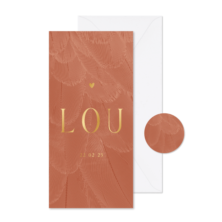 Geboortekaartje langwerpig stijlvol terra met veren - Kaartimpressie