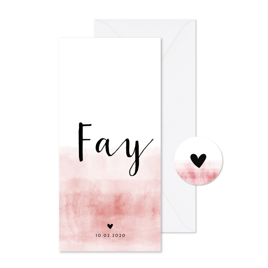 Geboortekaartje langwerpig stoer waterverf roze - Kaartimpressie