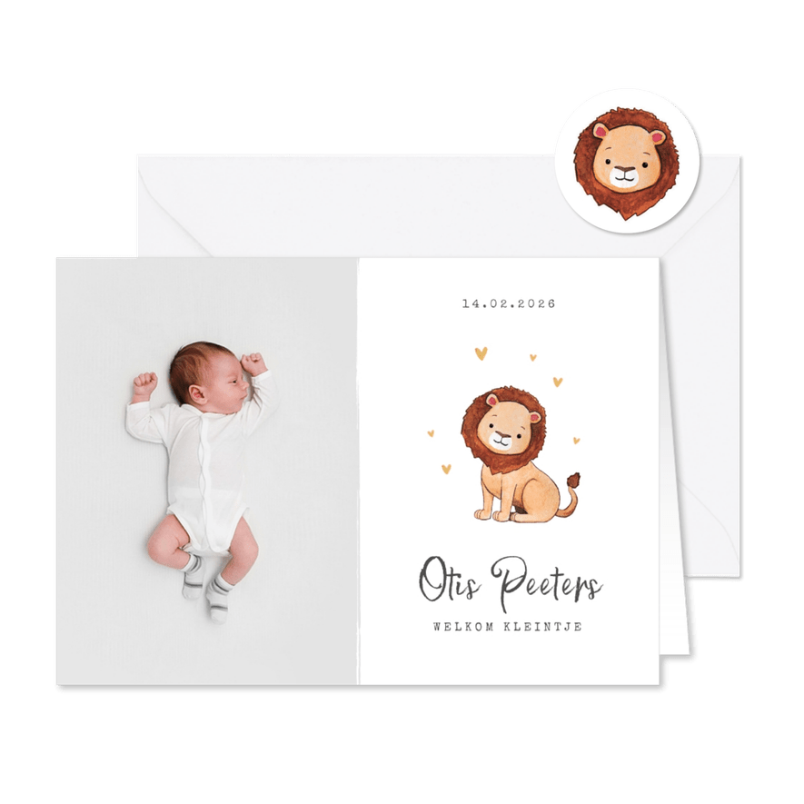 Geboortekaartje leeuw hartjes goud foto waterverf - Kaartimpressie
