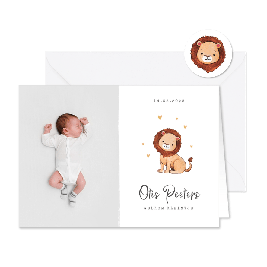 Geboortekaartje leeuw hartjes goud foto waterverf - Kaartimpressie