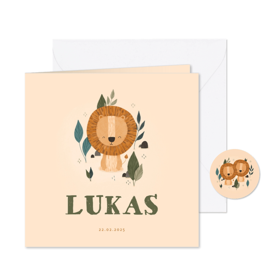 Geboortekaartje leeuw met jungle bladeren lief - Kaartimpressie