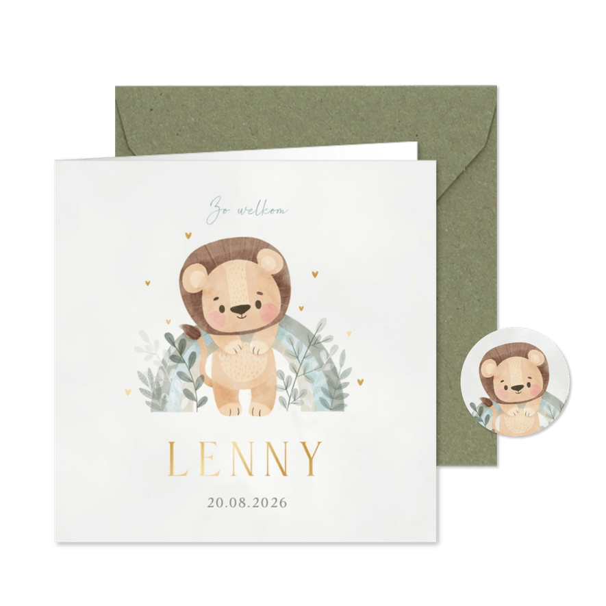 Geboortekaartje leeuw op regenboogje met plantjes en hartjes - Kaartimpressie