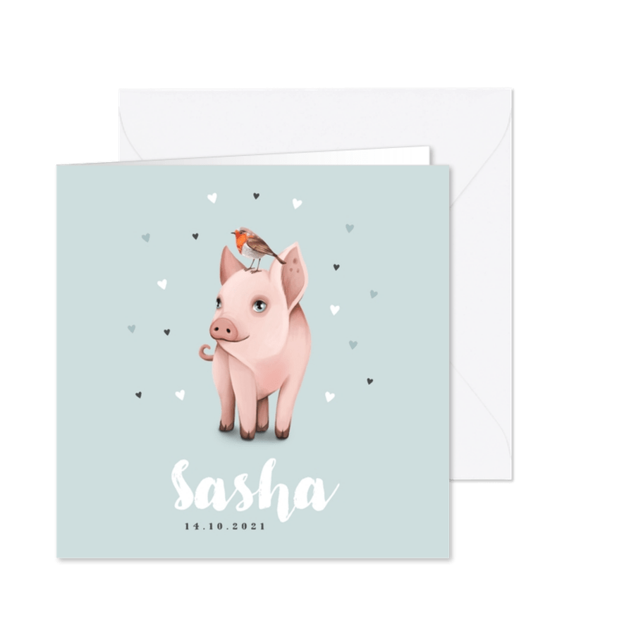 Geboortekaartje lente dieren varken vogel - Kaartimpressie