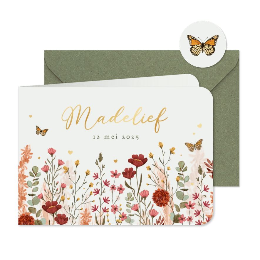 Geboortekaartje lente wilde bloemen vlinders hartjes goud - Kaartimpressie