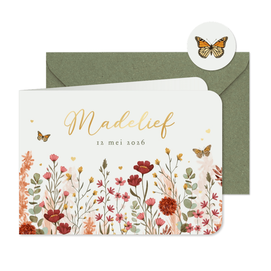 Geboortekaartje lente wilde bloemen vlinders hartjes goud - Kaartimpressie