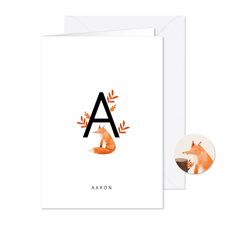 Geboortekaartje letter minimalistisch met vosje - Kaartimpressie