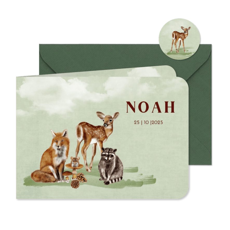 Geboortekaartje leuke bosdieren  - Kaartimpressie