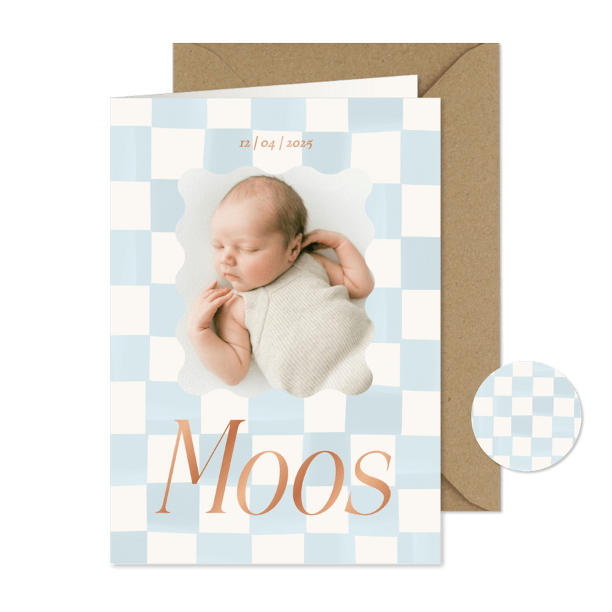 Geboortekaartje lichtblauwe blokjes en koperfolie - Kaartimpressie