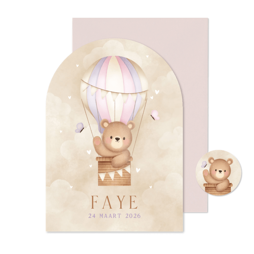 Geboortekaartje lief beertje in luchtballon twee vlinders - Kaartimpressie