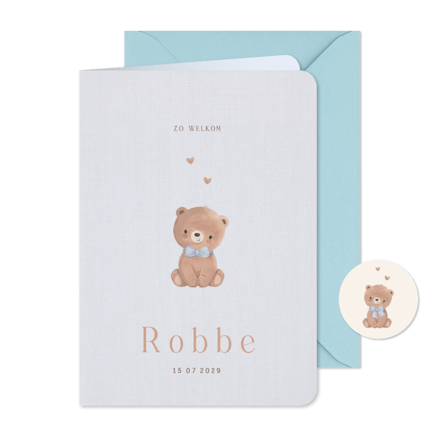 Geboortekaartje lief beertje met blauwe strikje - Kaartimpressie