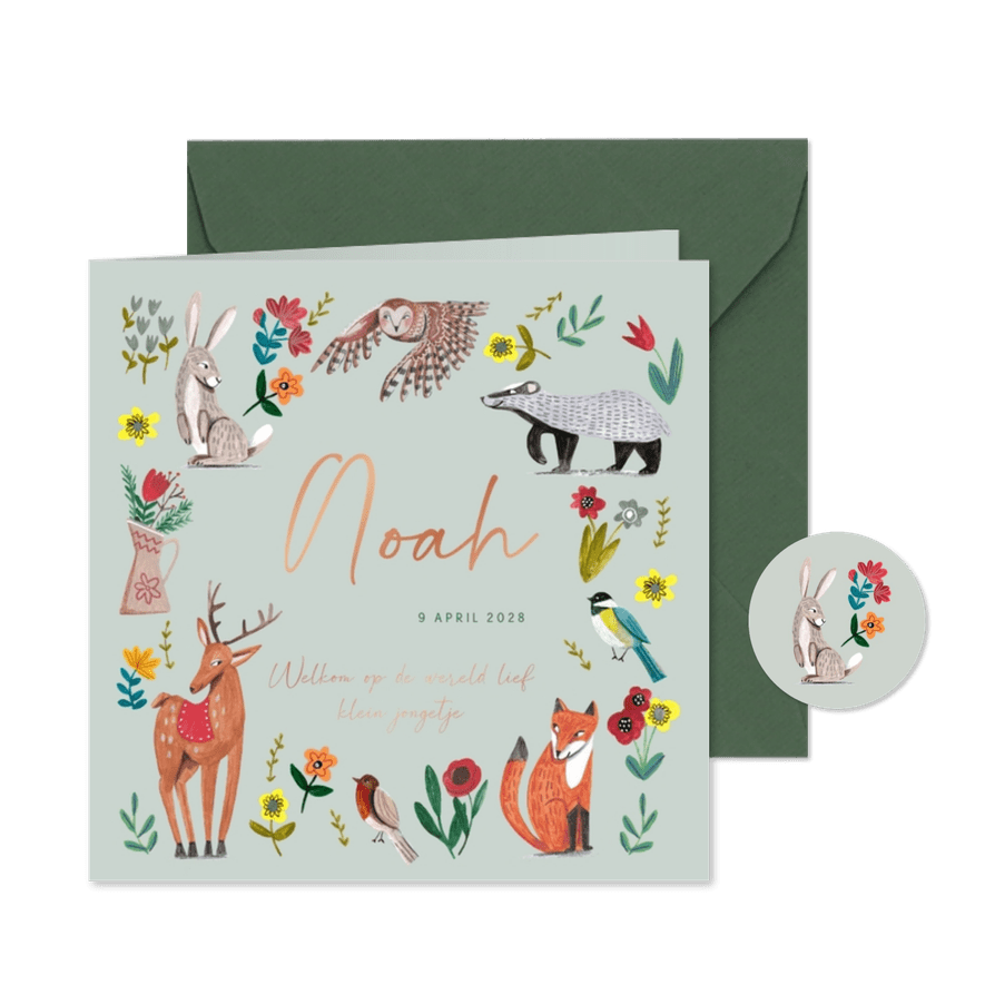 Geboortekaartje lief bosdieren, bloemen en vogeltjes jongen - Kaartimpressie