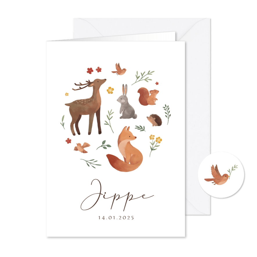 Geboortekaartje lief bosdieren bloemen natuur - Kaartimpressie