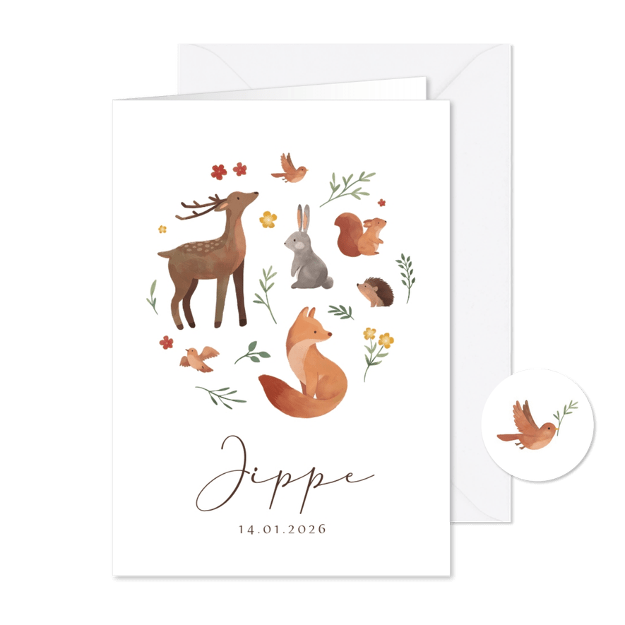 Geboortekaartje lief bosdieren bloemen natuur - Kaartimpressie