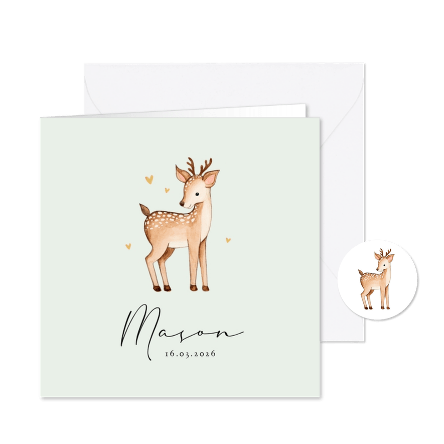 Geboortekaartje lief bosdieren hertje goud hartjes - Kaartimpressie