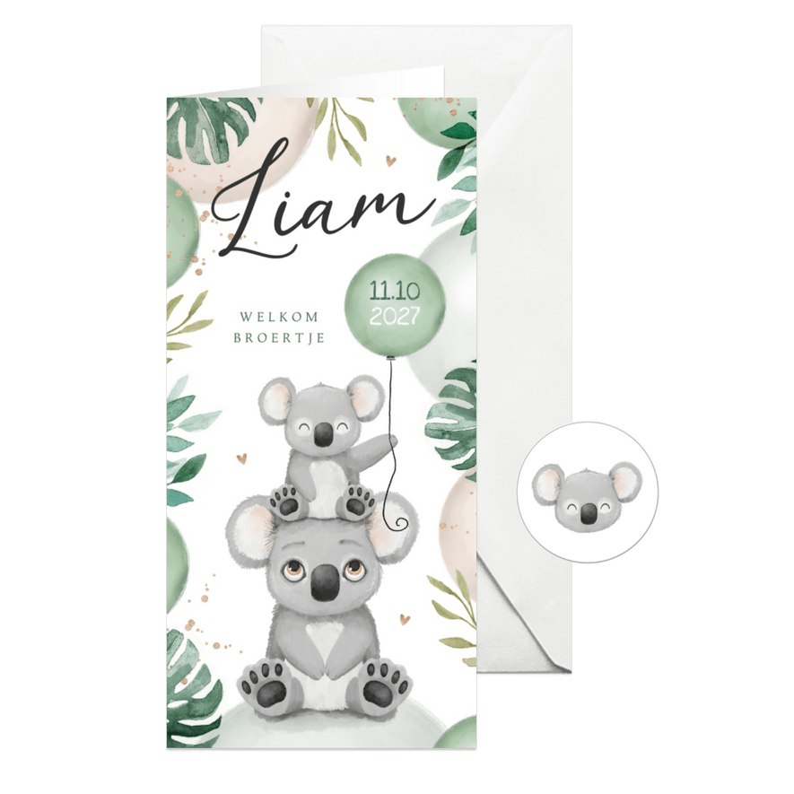 Geboortekaartje lief broertje zusje koala dieren ballonnen - Kaartimpressie