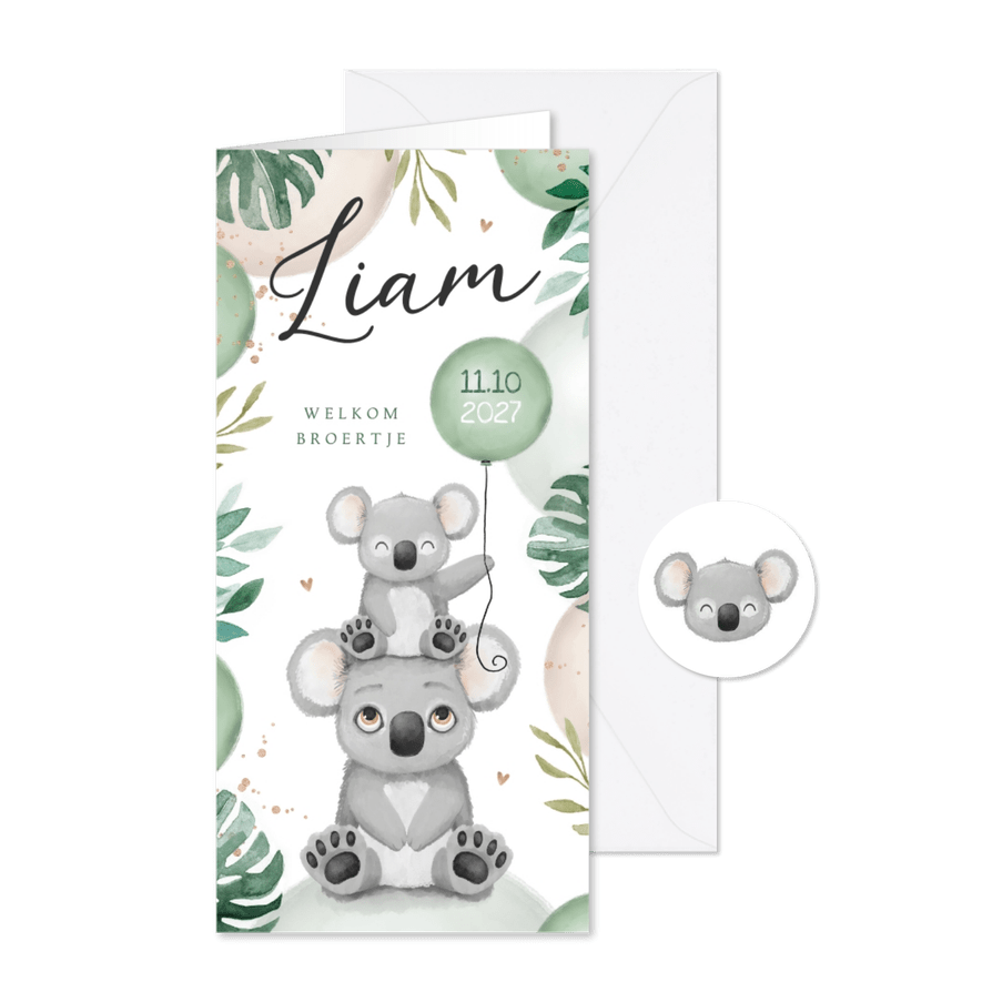 Geboortekaartje lief broertje zusje koala dieren ballonnen - Kaartimpressie