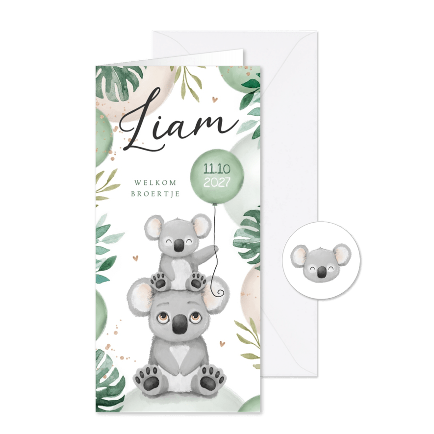 Geboortekaartje lief broertje zusje koala dieren ballonnen - Kaartimpressie